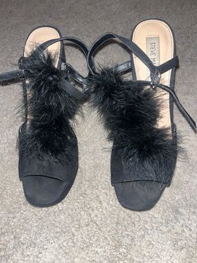 Steve Madden Black Feather-Trim Open-Toe Heels